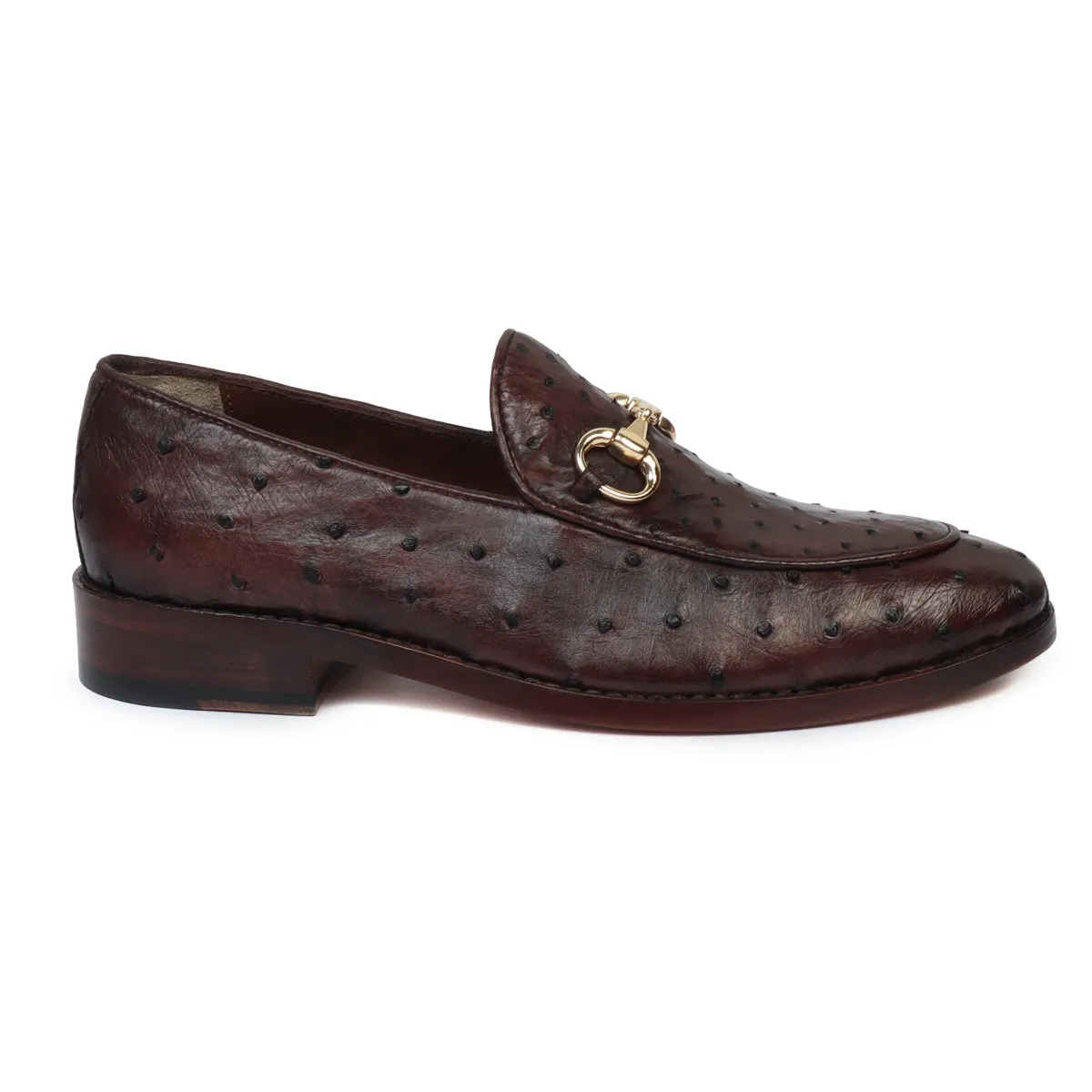 Tobacco Brown Slip-On  Shoes in Real Ostrich Leather Horse-bit Buckle