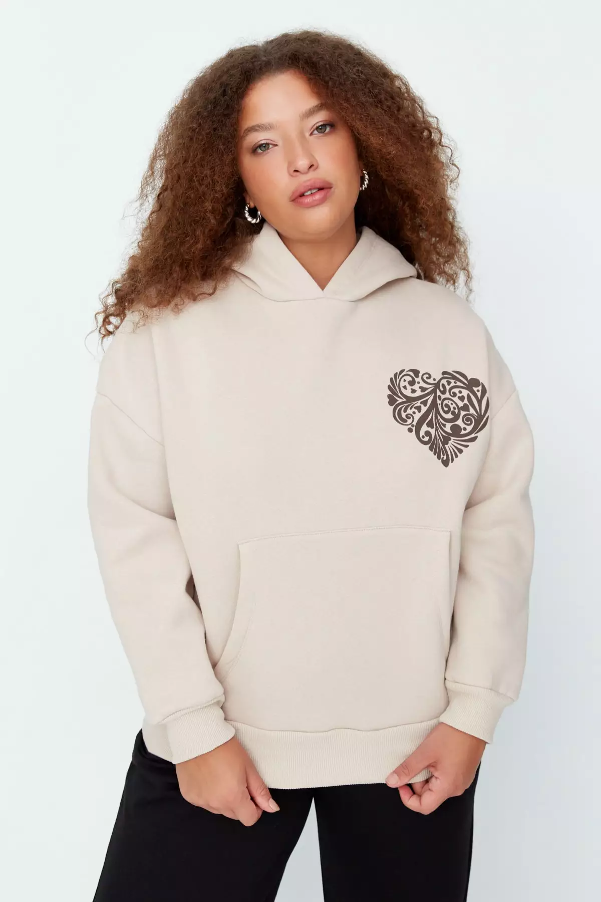 Trendyol Plus Size Beige Printed Hoodie and Knitted Sweatshirt with Fleece Inside