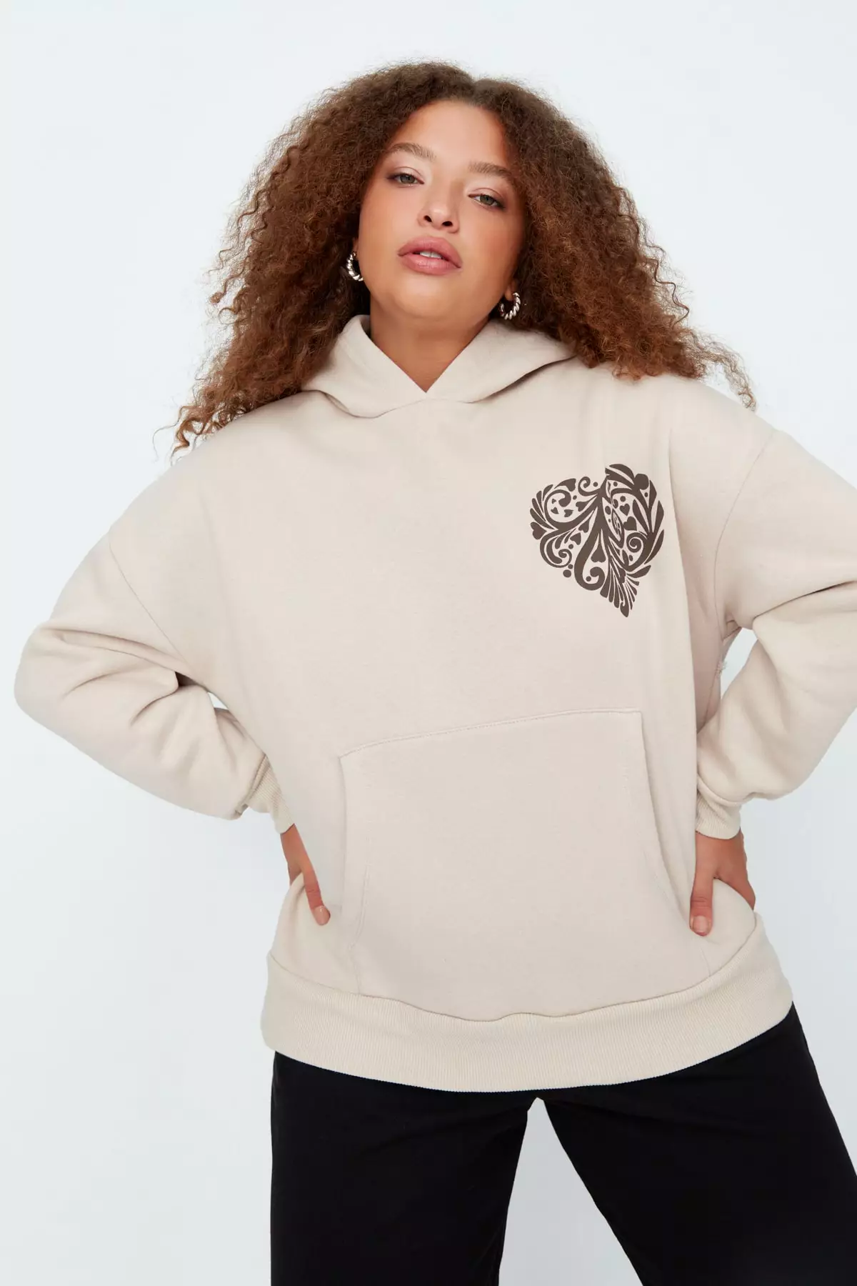 Trendyol Plus Size Beige Printed Hoodie and Knitted Sweatshirt with Fleece Inside