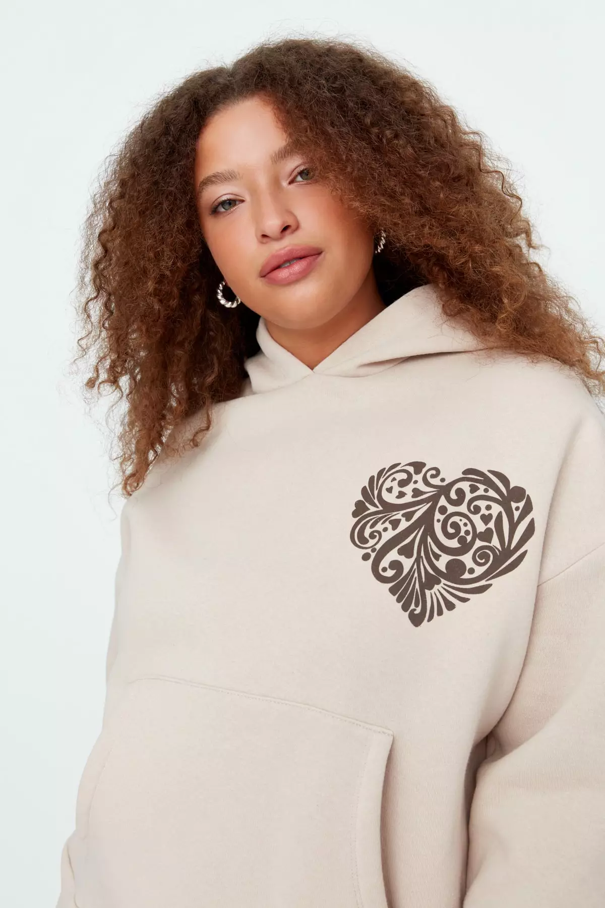 Trendyol Plus Size Beige Printed Hoodie and Knitted Sweatshirt with Fleece Inside