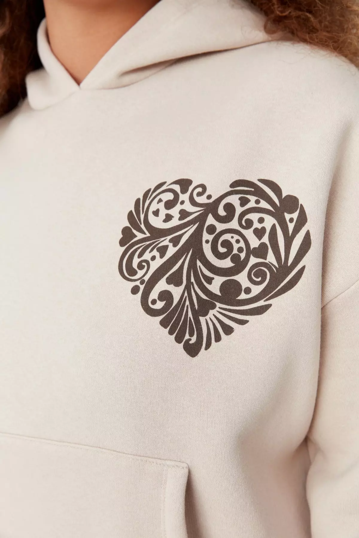 Trendyol Plus Size Beige Printed Hoodie and Knitted Sweatshirt with Fleece Inside