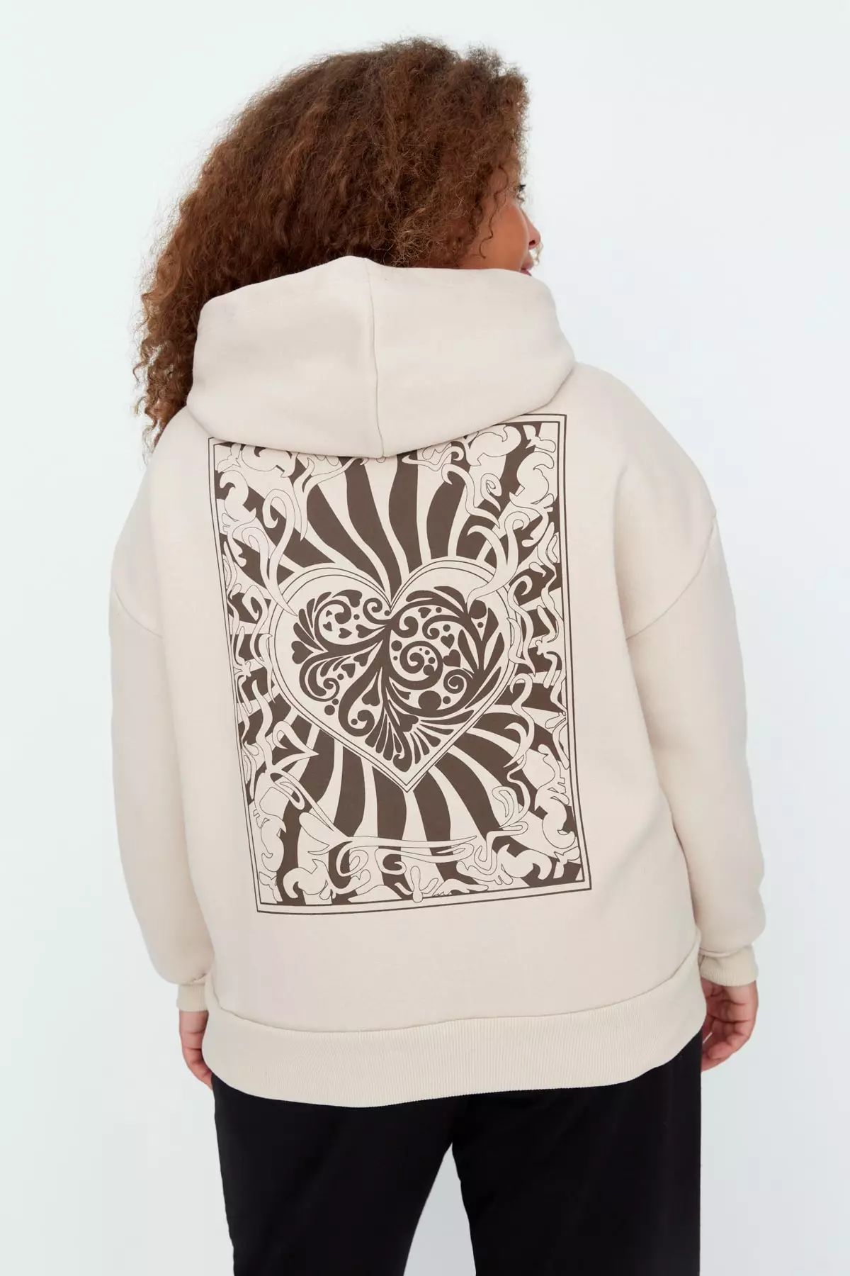 Trendyol Plus Size Beige Printed Hoodie and Knitted Sweatshirt with Fleece Inside