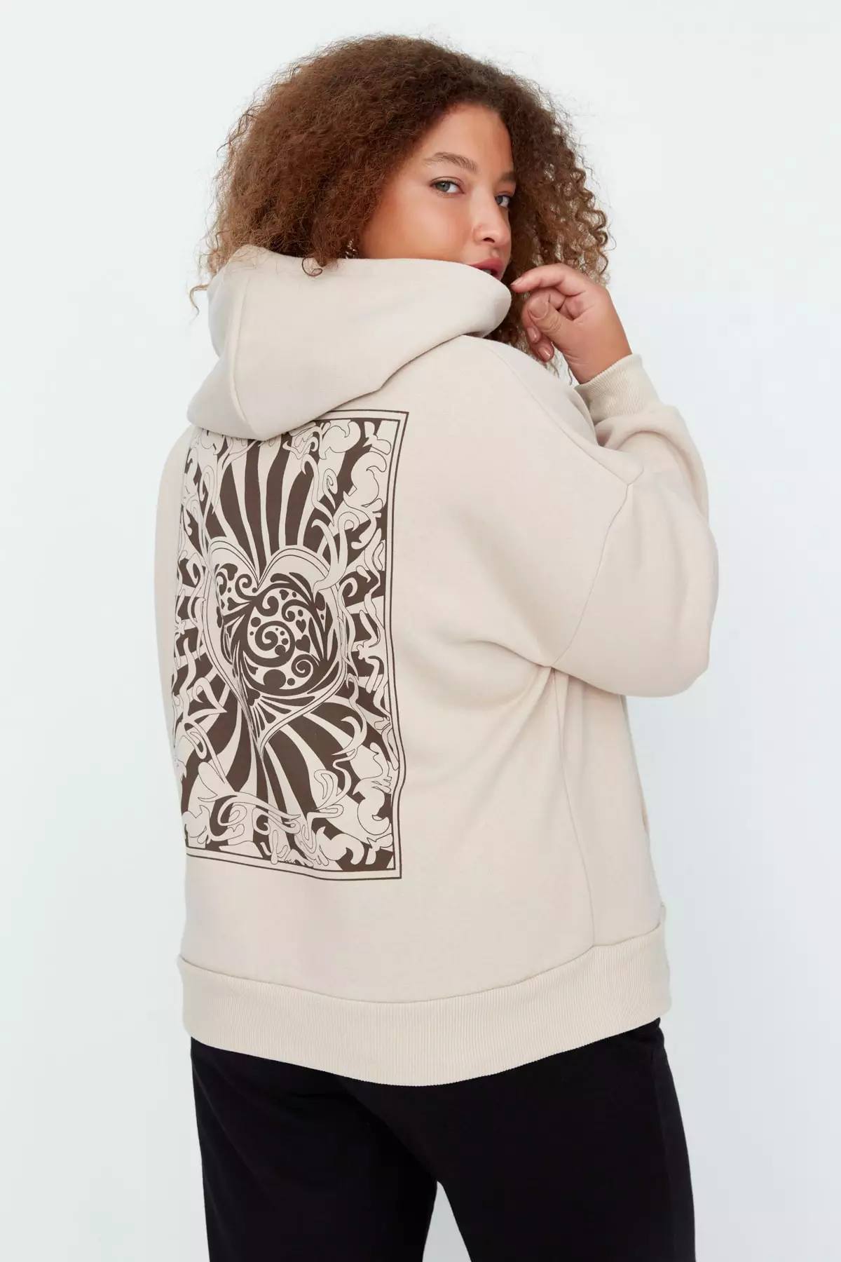 Trendyol Plus Size Beige Printed Hoodie and Knitted Sweatshirt with Fleece Inside