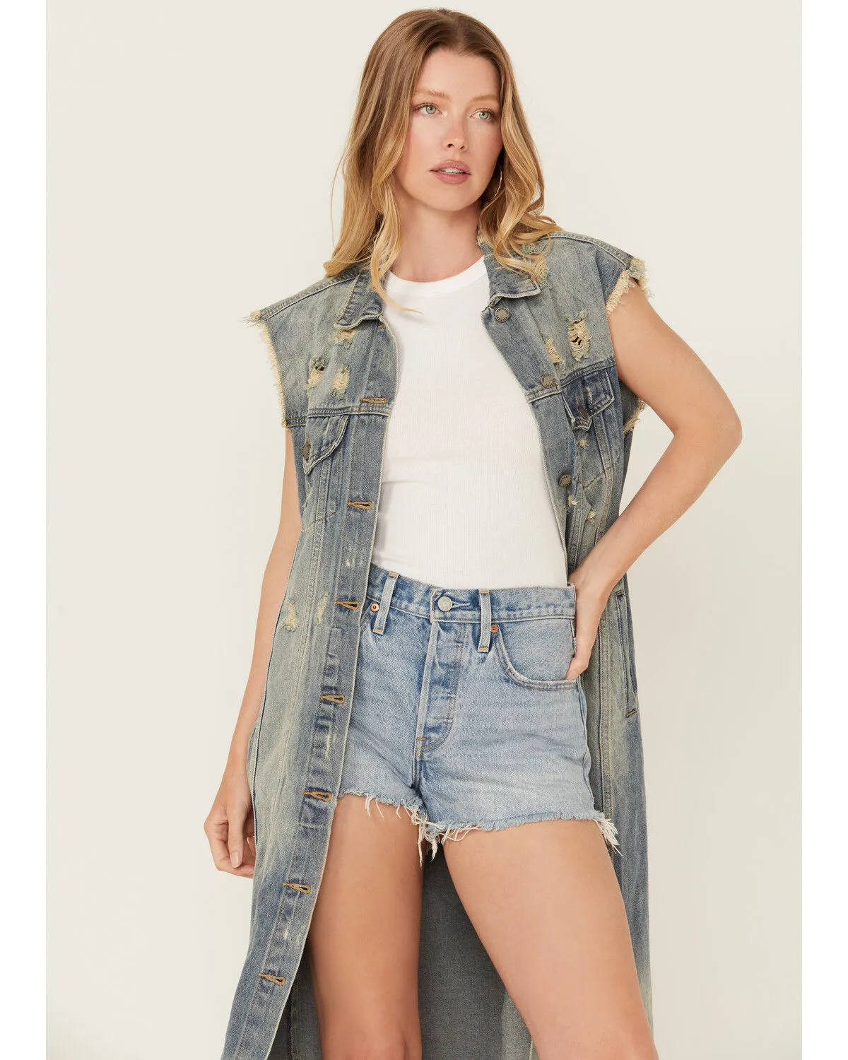 Veveret Women's Long Distressed Denim Vest