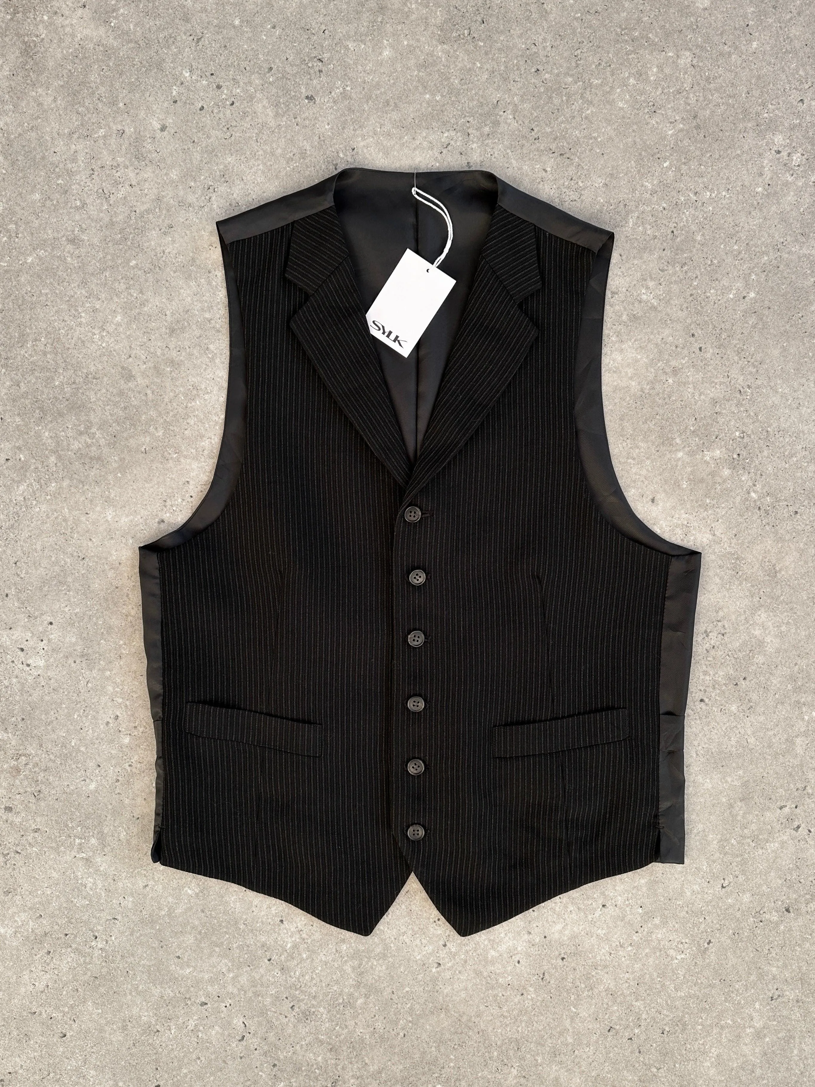 Vintage Wool Pinstripe Collared Waistcoat - L