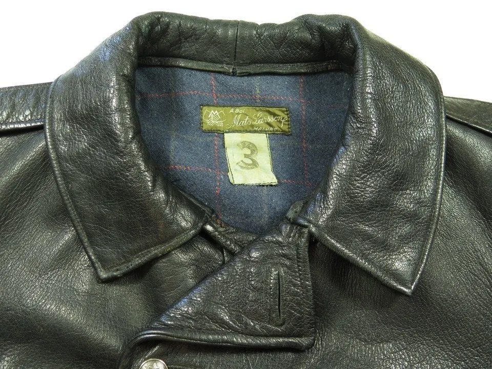 Vtg 40s WWII Larsson Swedish Black Leather Military Motorcycle Jacket 40