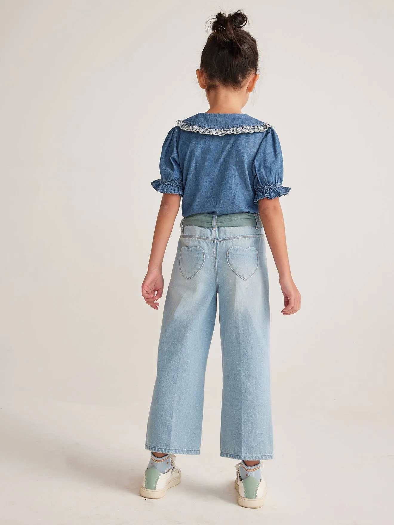 Wide Jeans & Cotton Gauze Belt, Ankle Length, for Girls - double stone