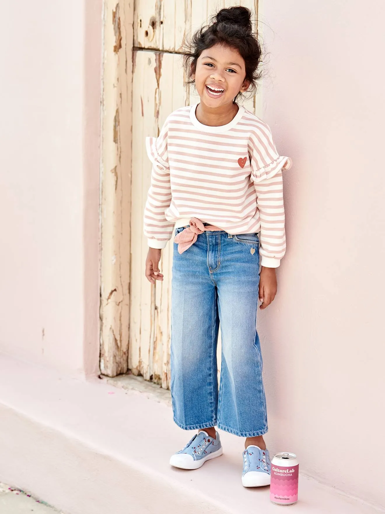 Wide Jeans & Cotton Gauze Belt, Ankle Length, for Girls - double stone