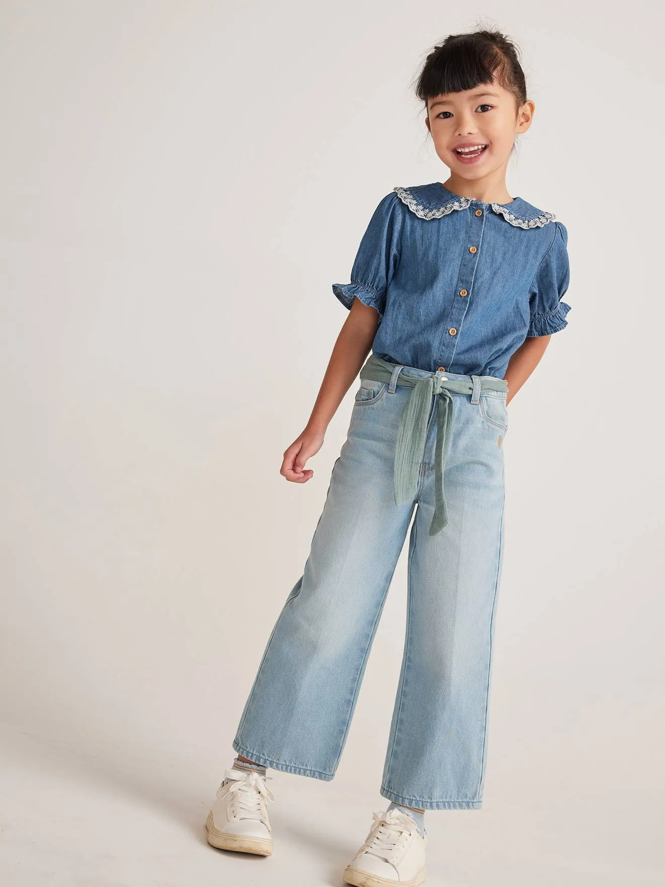 Wide Jeans & Cotton Gauze Belt, Ankle Length, for Girls - double stone