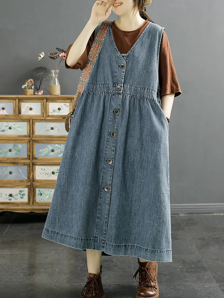 Women Casual Cotton Button-Up Spring Denim Vest Dress SC1044