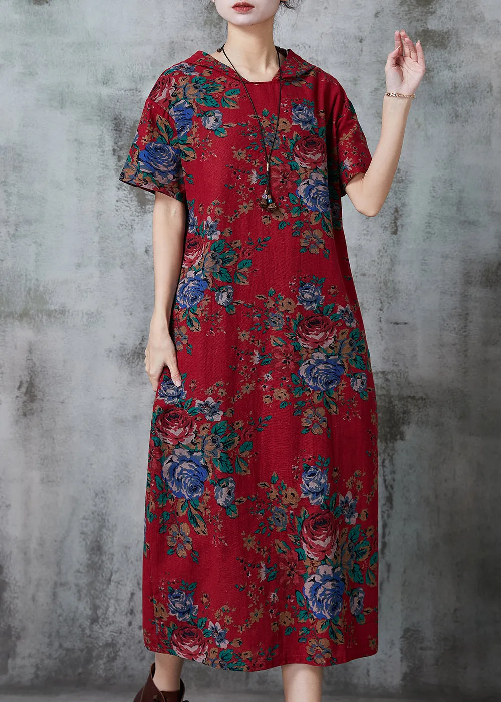 Women Red Hooded Print Cotton Long Dress Summer