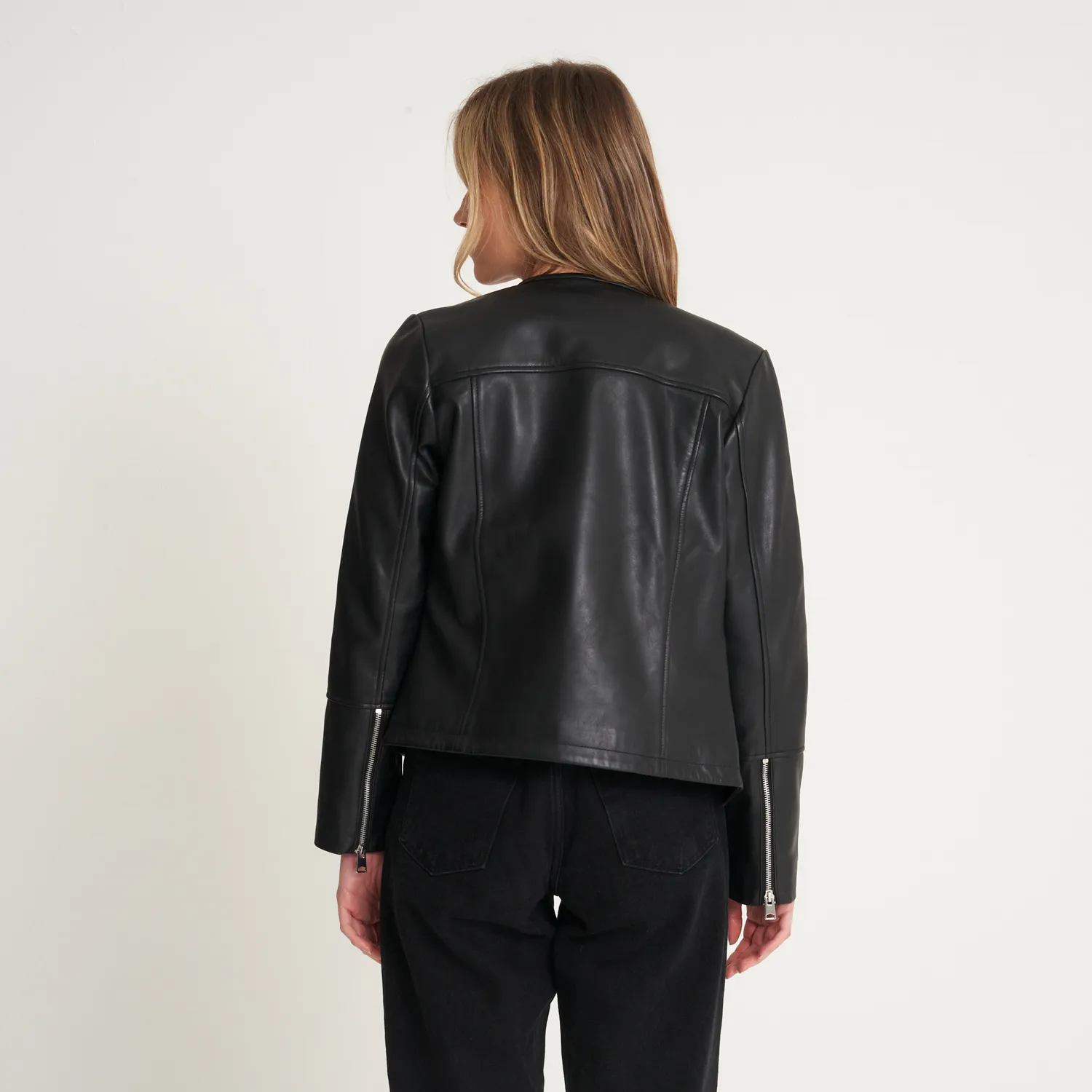 Women's Collarless Leather Biker Jacket - Carley - Barneys Originals