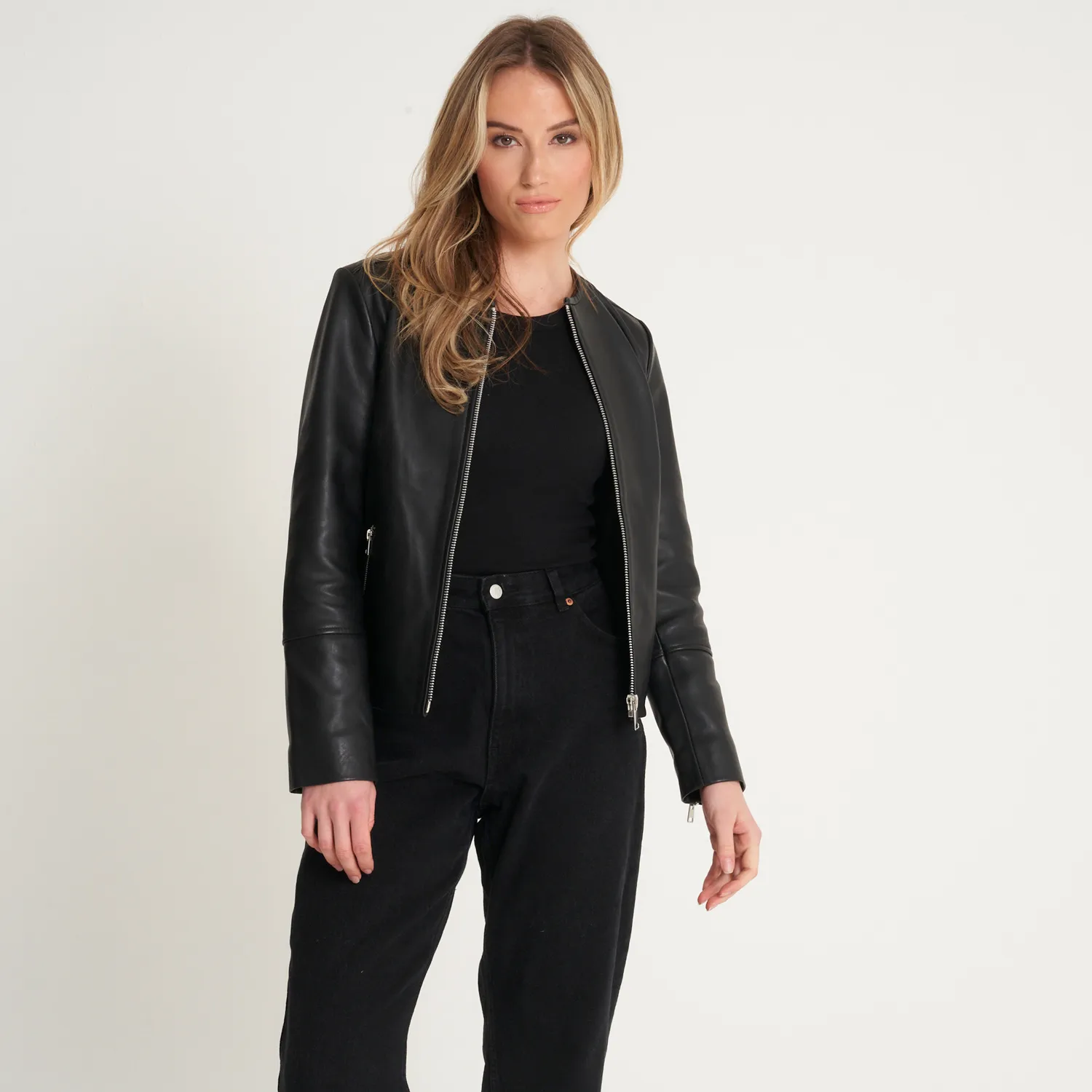 Women's Collarless Leather Biker Jacket - Carley - Barneys Originals