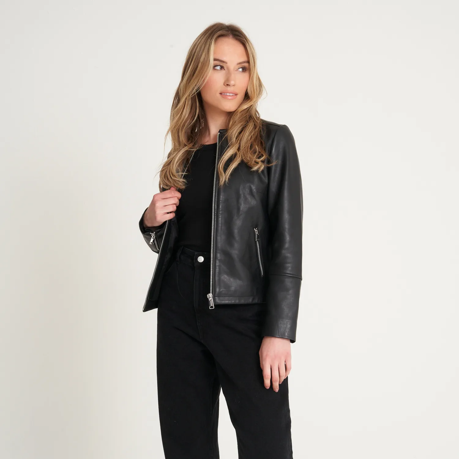 Women's Collarless Leather Biker Jacket - Carley - Barneys Originals