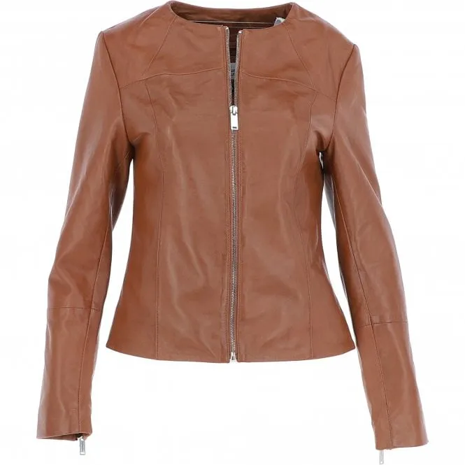 Women's Collarless Leather Fashion Jacket Tan: AWL-284