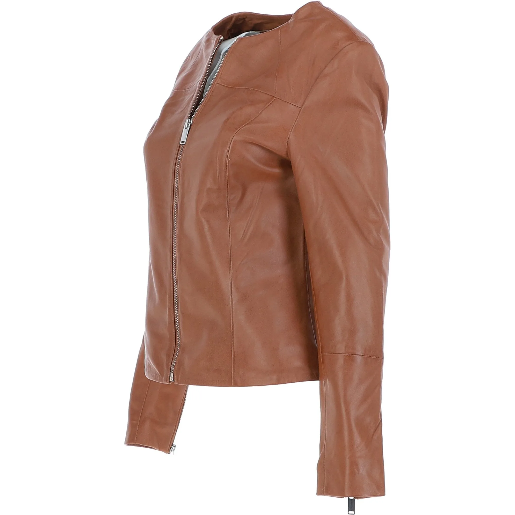 Women's Collarless Leather Fashion Jacket Tan: AWL-284