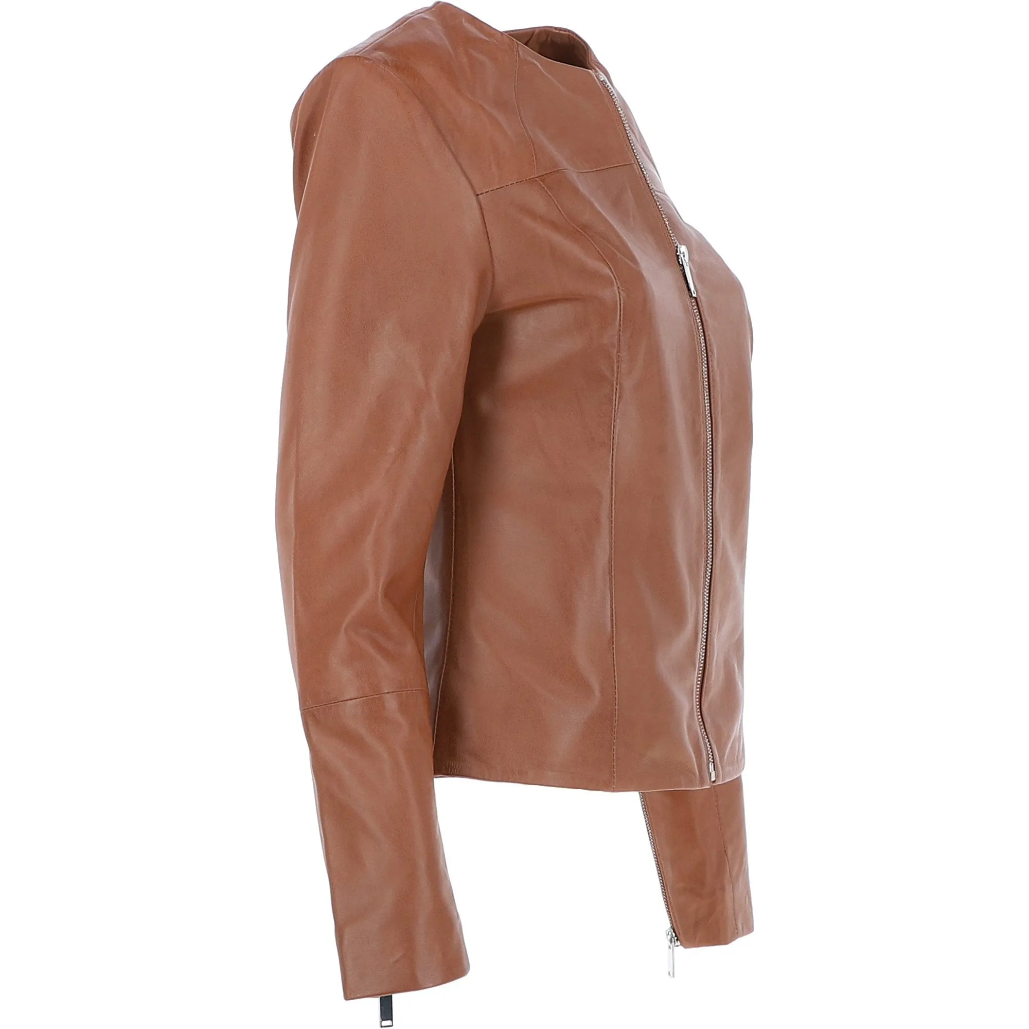 Women's Collarless Leather Fashion Jacket Tan: AWL-284