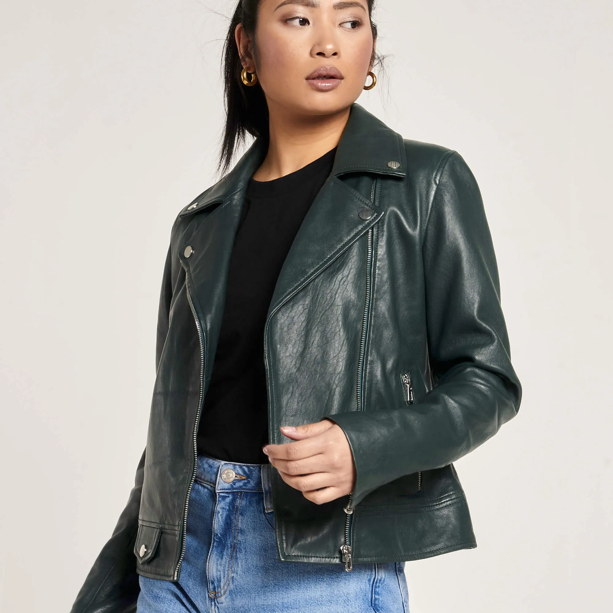 Women's Racing Green Leather Biker Jacket - Barneys Originals