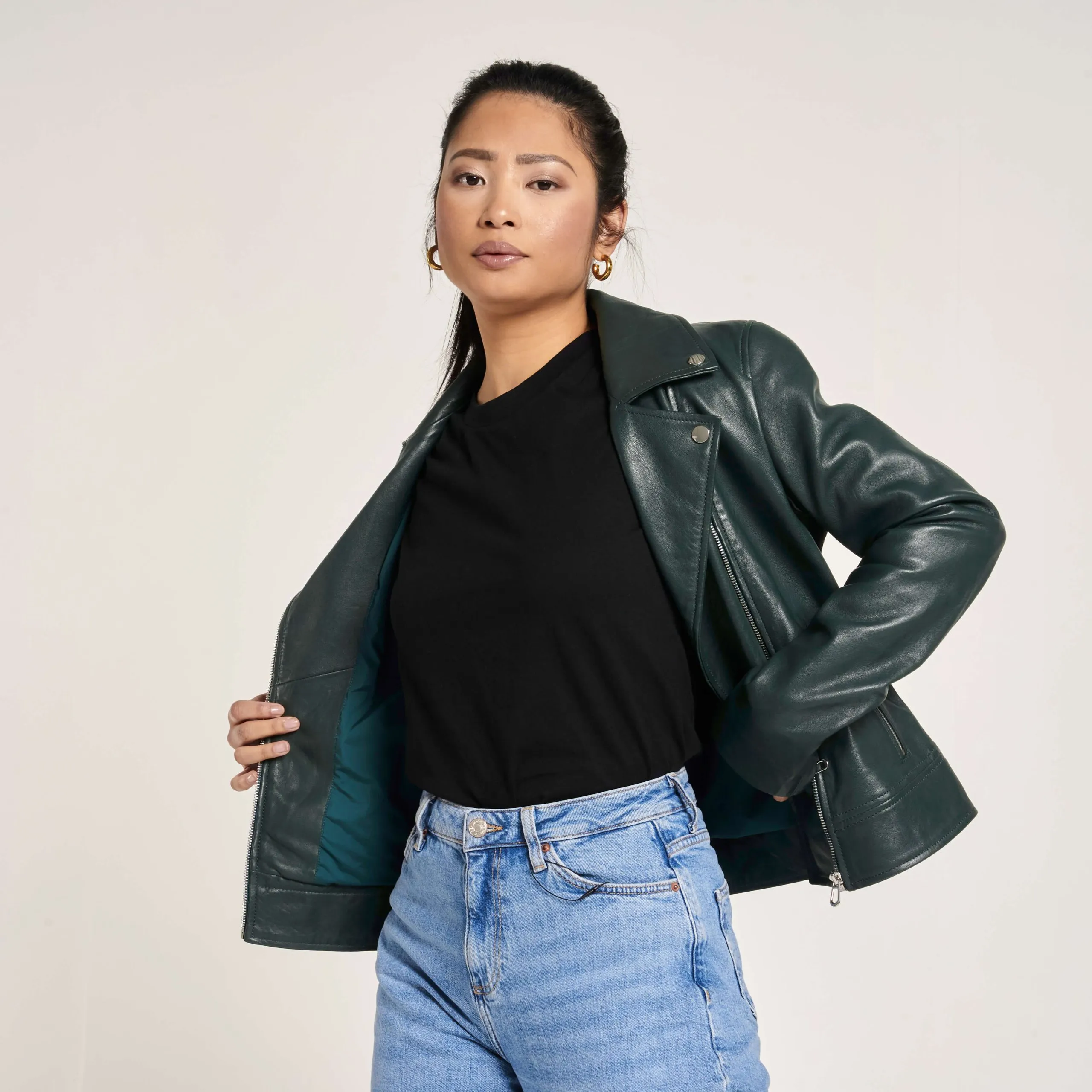 Women's Racing Green Leather Biker Jacket - Barneys Originals