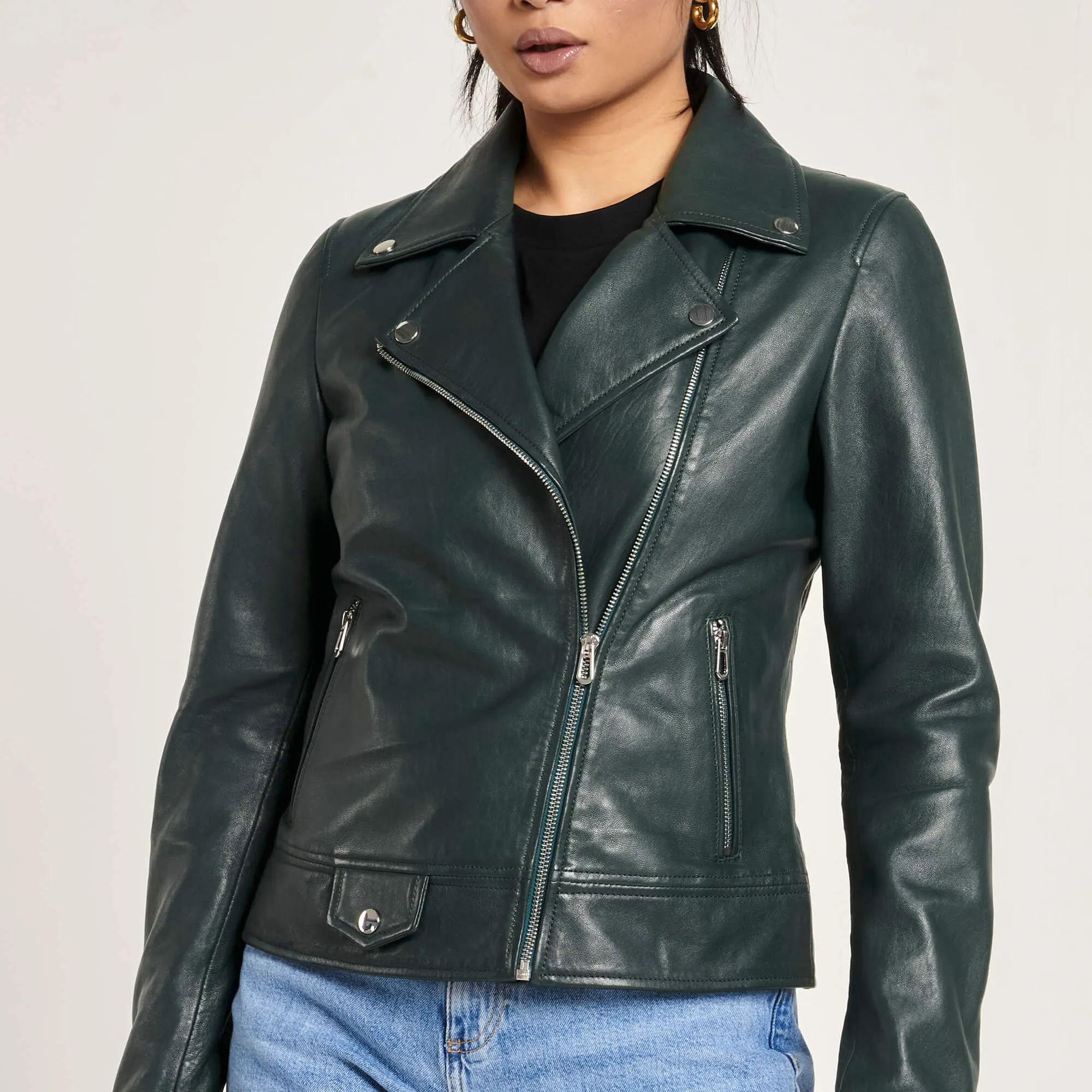 Women's Racing Green Leather Biker Jacket - Barneys Originals