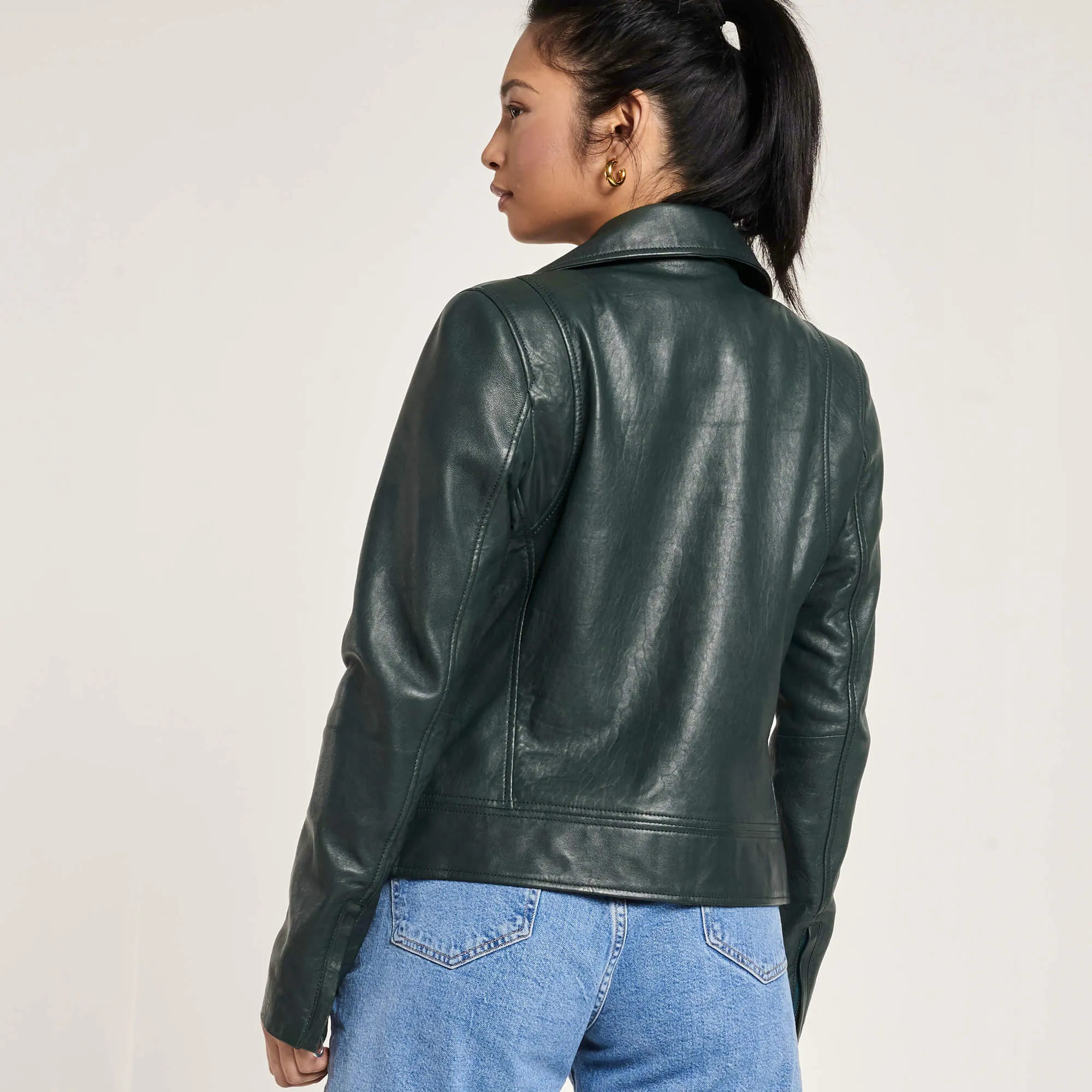 Women's Racing Green Leather Biker Jacket - Barneys Originals