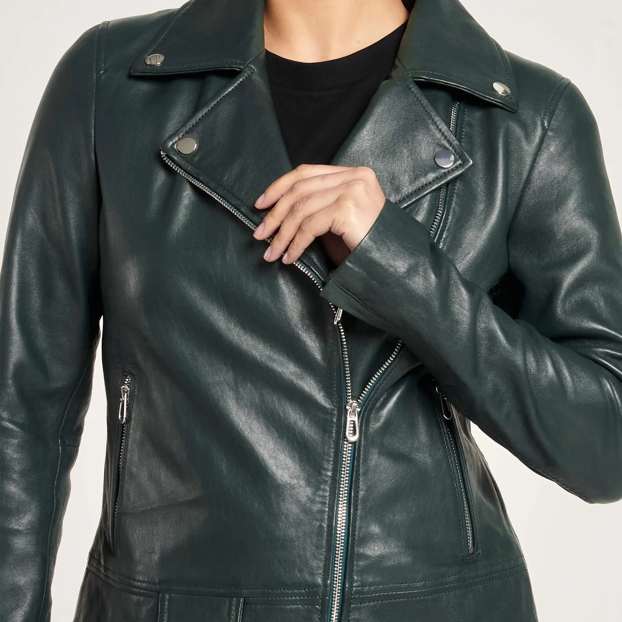 Women's Racing Green Leather Biker Jacket - Barneys Originals