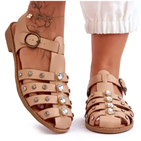 Women's Flat Sandals With Zircons Beige Ascot