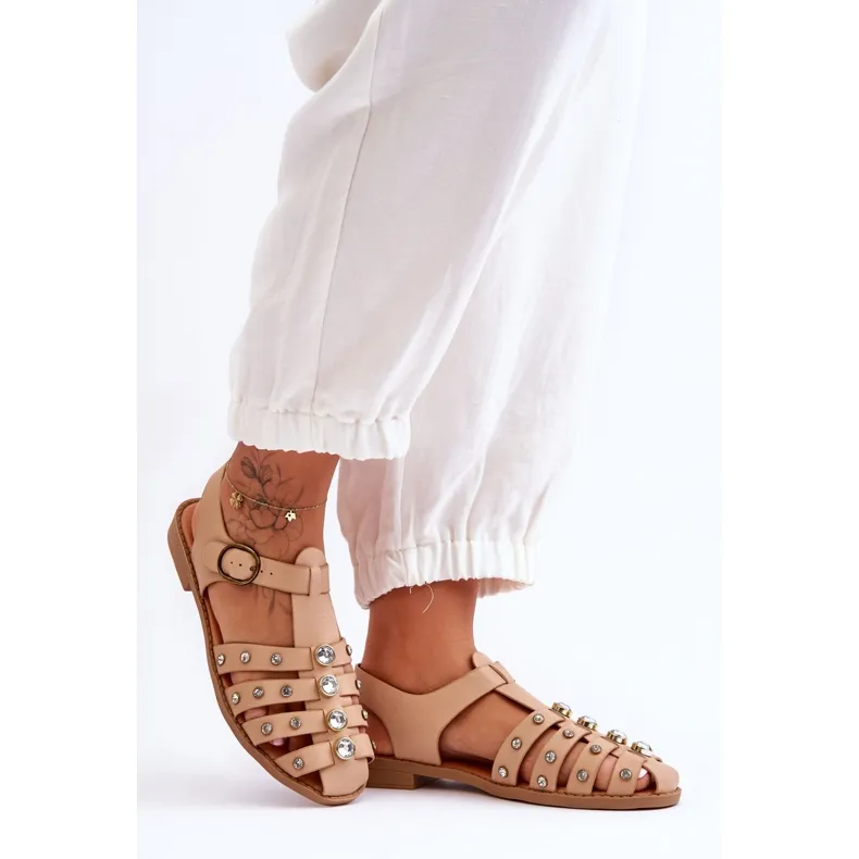 Women's Flat Sandals With Zircons Beige Ascot