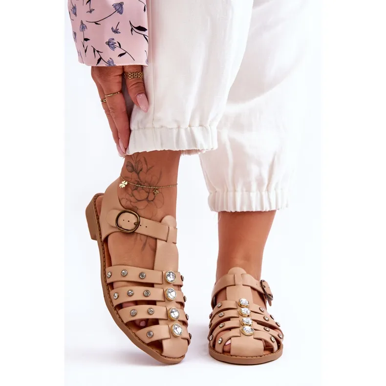 Women's Flat Sandals With Zircons Beige Ascot