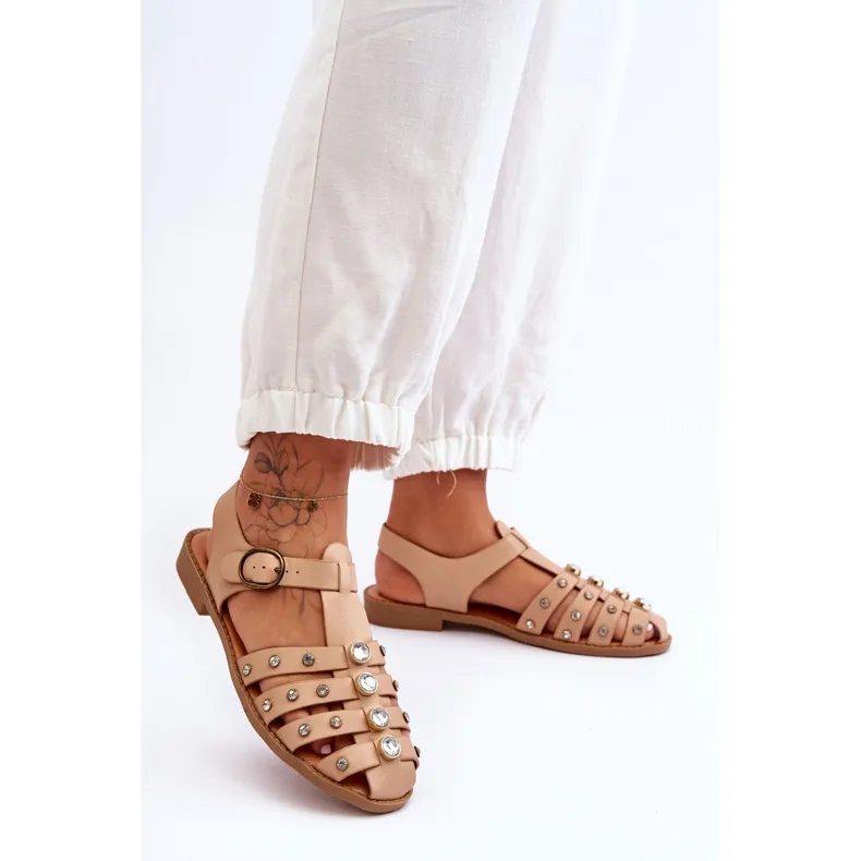 Women's Flat Sandals With Zircons Beige Ascot