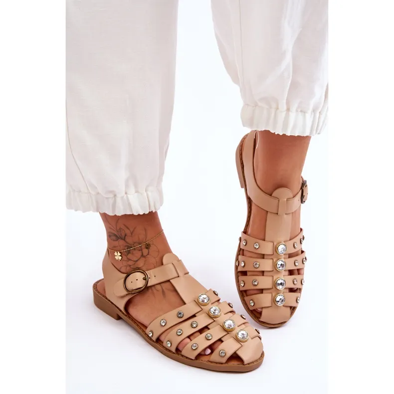 Women's Flat Sandals With Zircons Beige Ascot