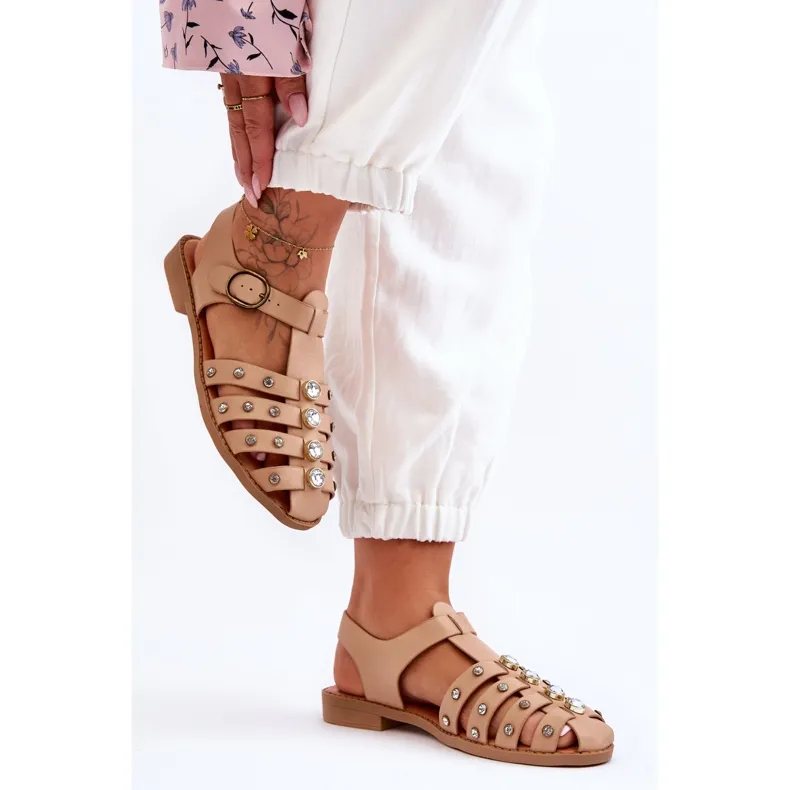 Women's Flat Sandals With Zircons Beige Ascot