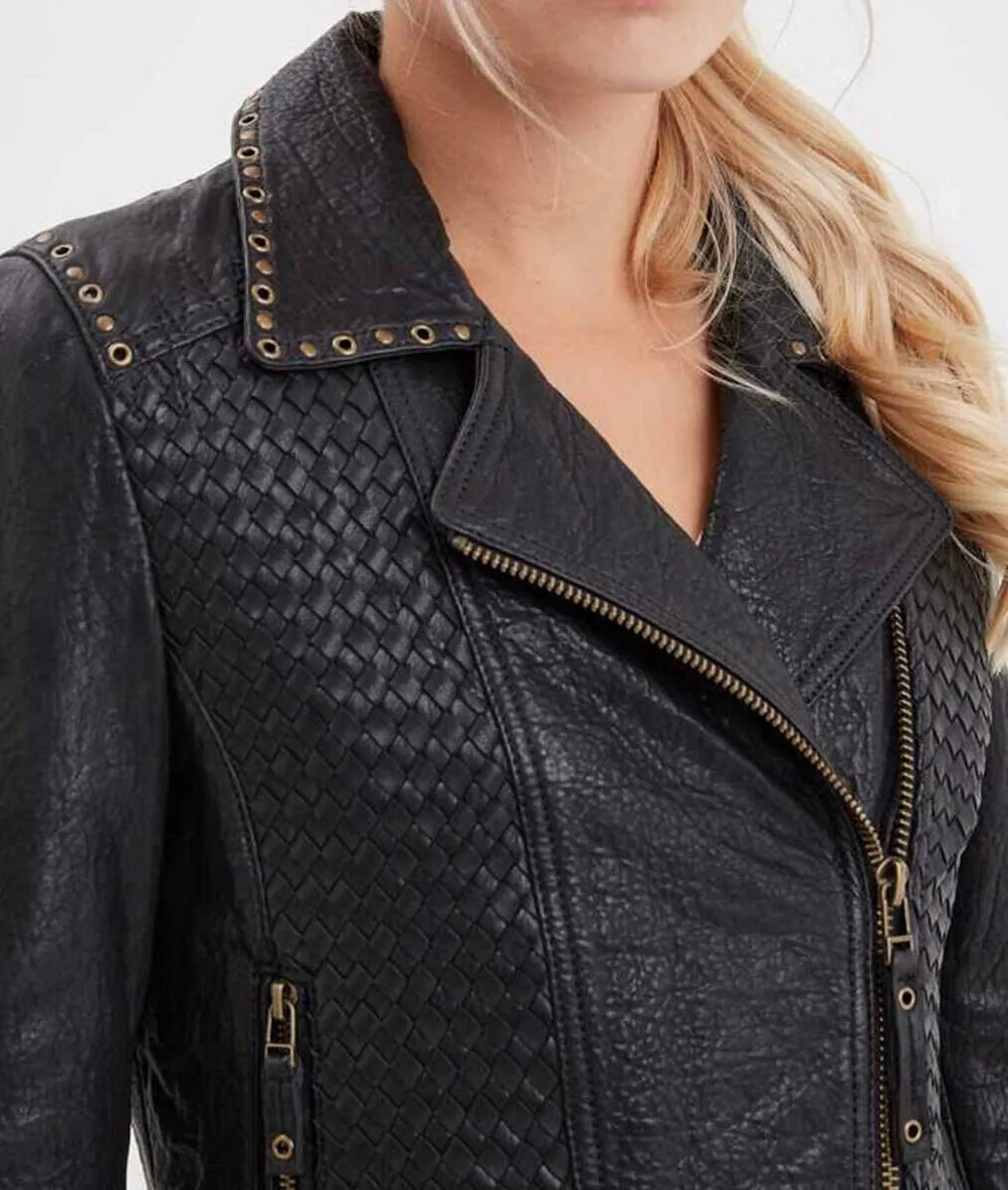 Women's black leather jacket in rose garden virginia biker style