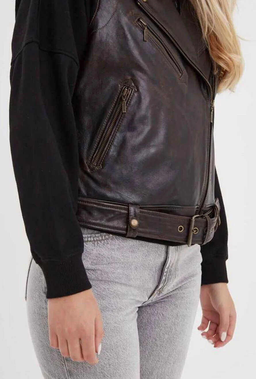 Women's black leather vest aged cognac biker style rose garden madeline