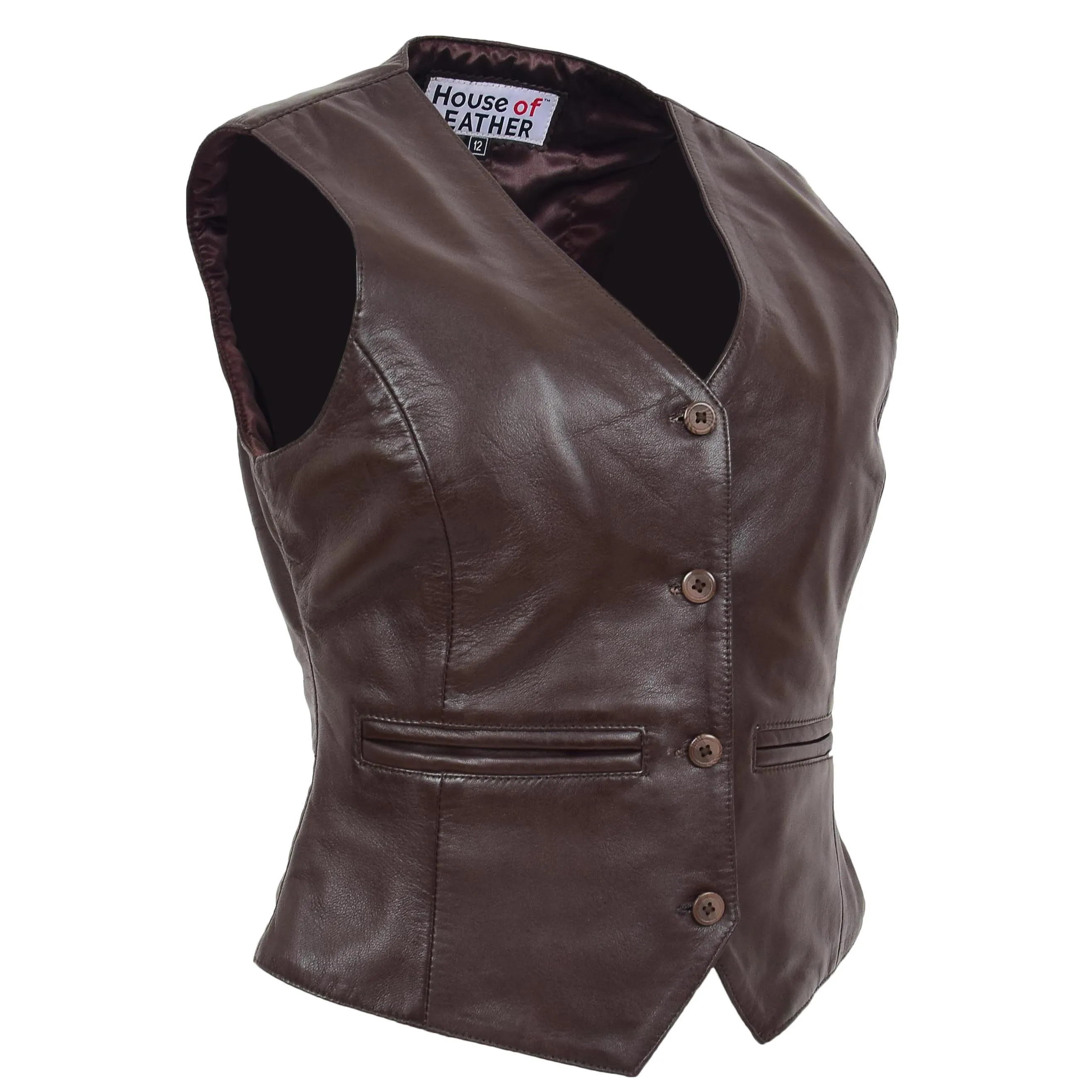 Womens Leather Classic Buttoned Waistcoat Rita Brown