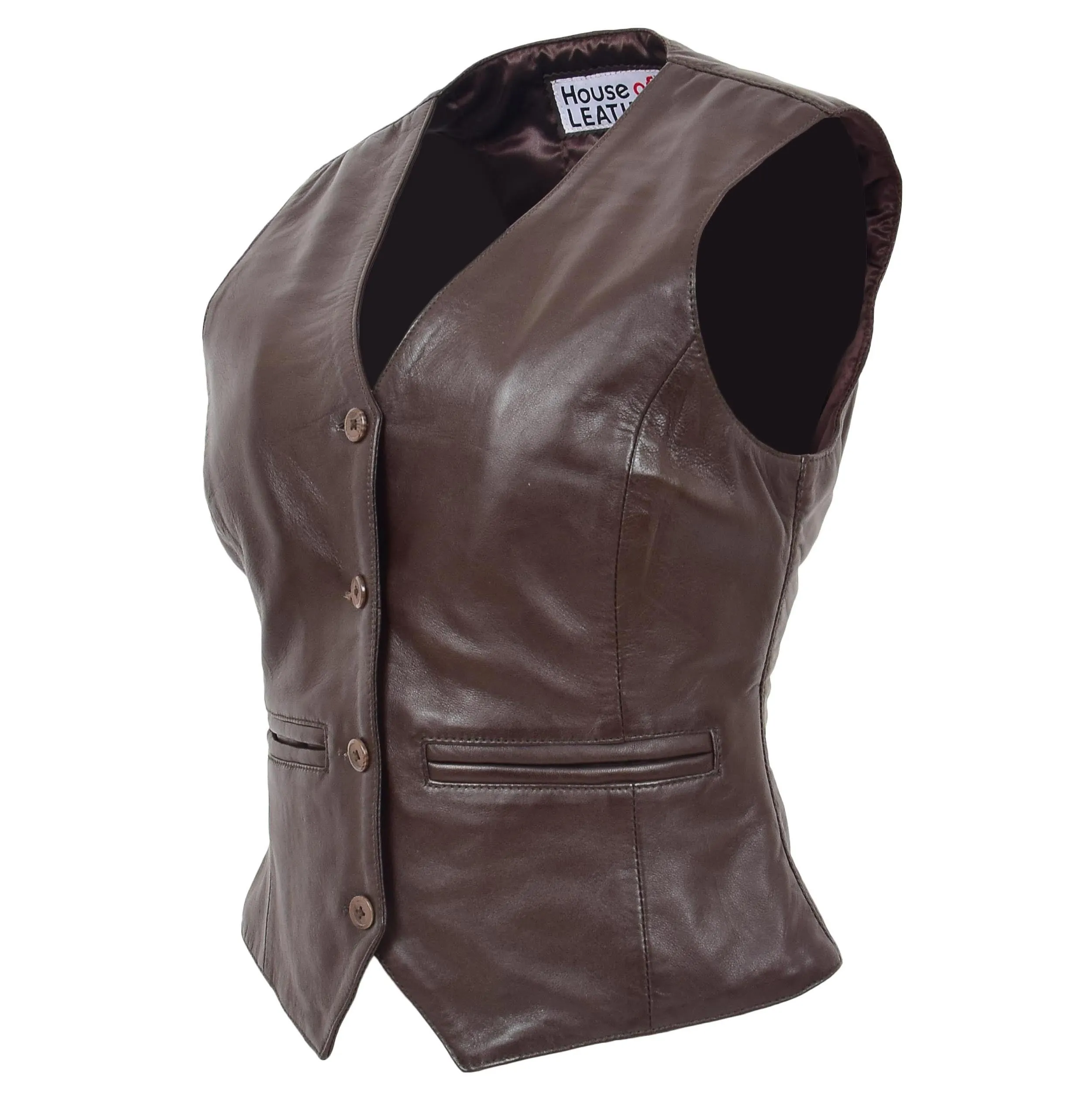 Womens Leather Classic Buttoned Waistcoat Rita Brown