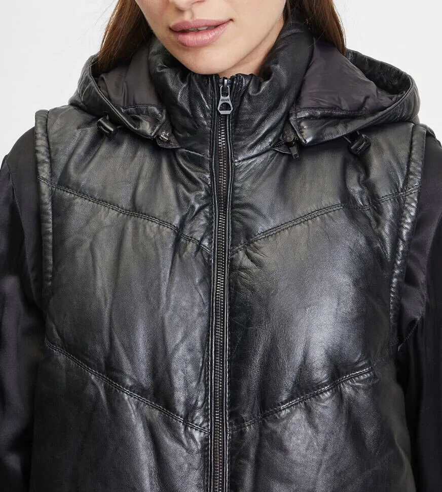 Women's long black leather vest in viki quilted style