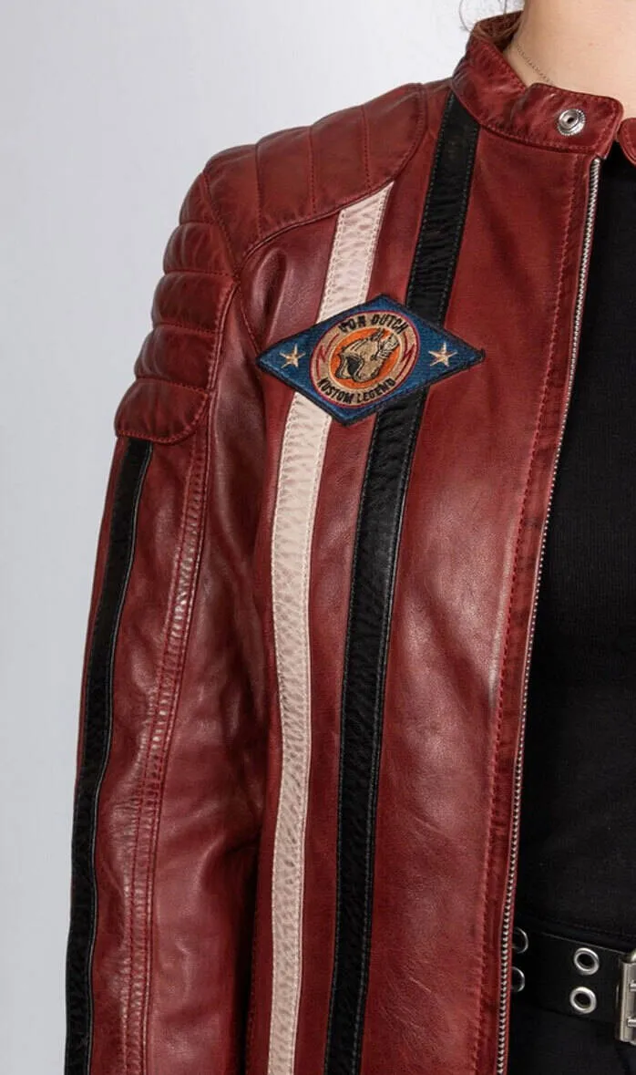 Women's red leather jacket in rose garden kenya motorcycle style