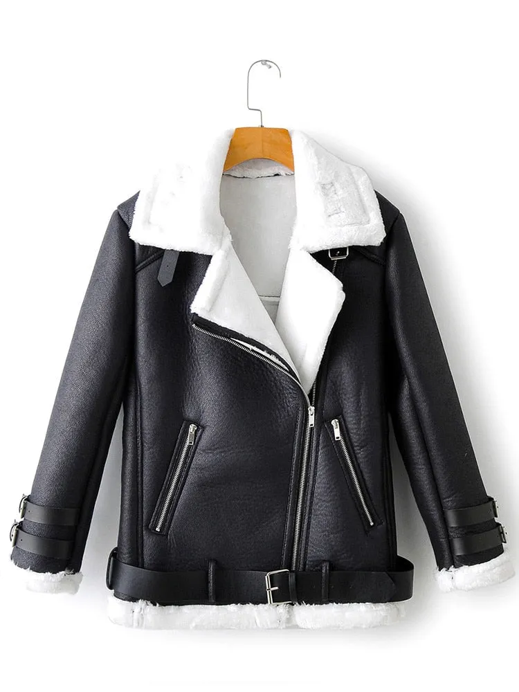 Women's Synthetic Leather Turndown Collar Moto Biker Loose Jacket with Belt