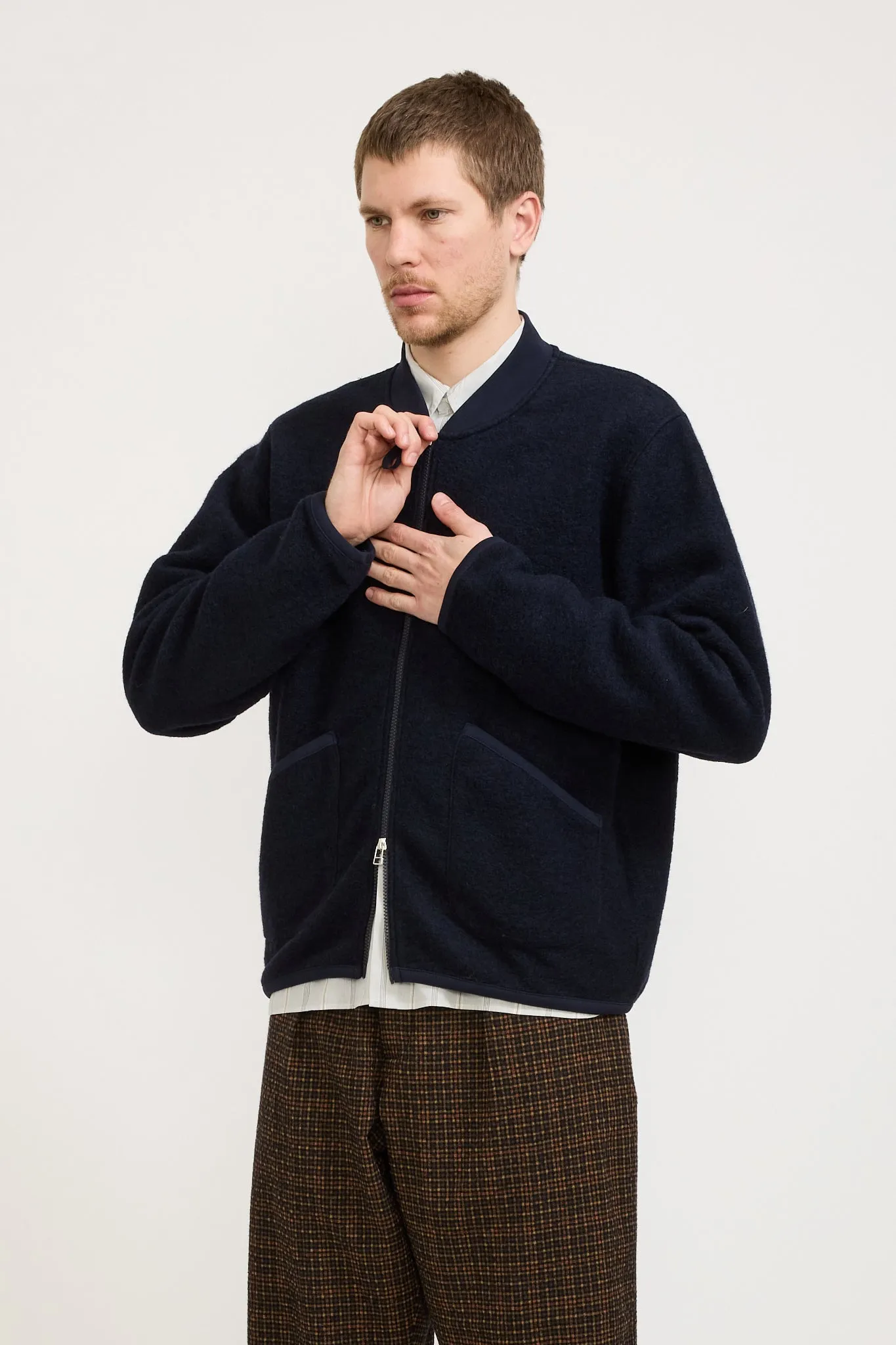 Wool Fleece Zip Bomber Navy