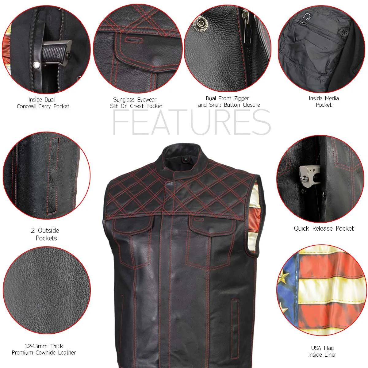 Xelement ‘Gold Series’ XS13002 Men's 'Stars and Stripes’ Black Leather MC Vest with USA Flag Liner