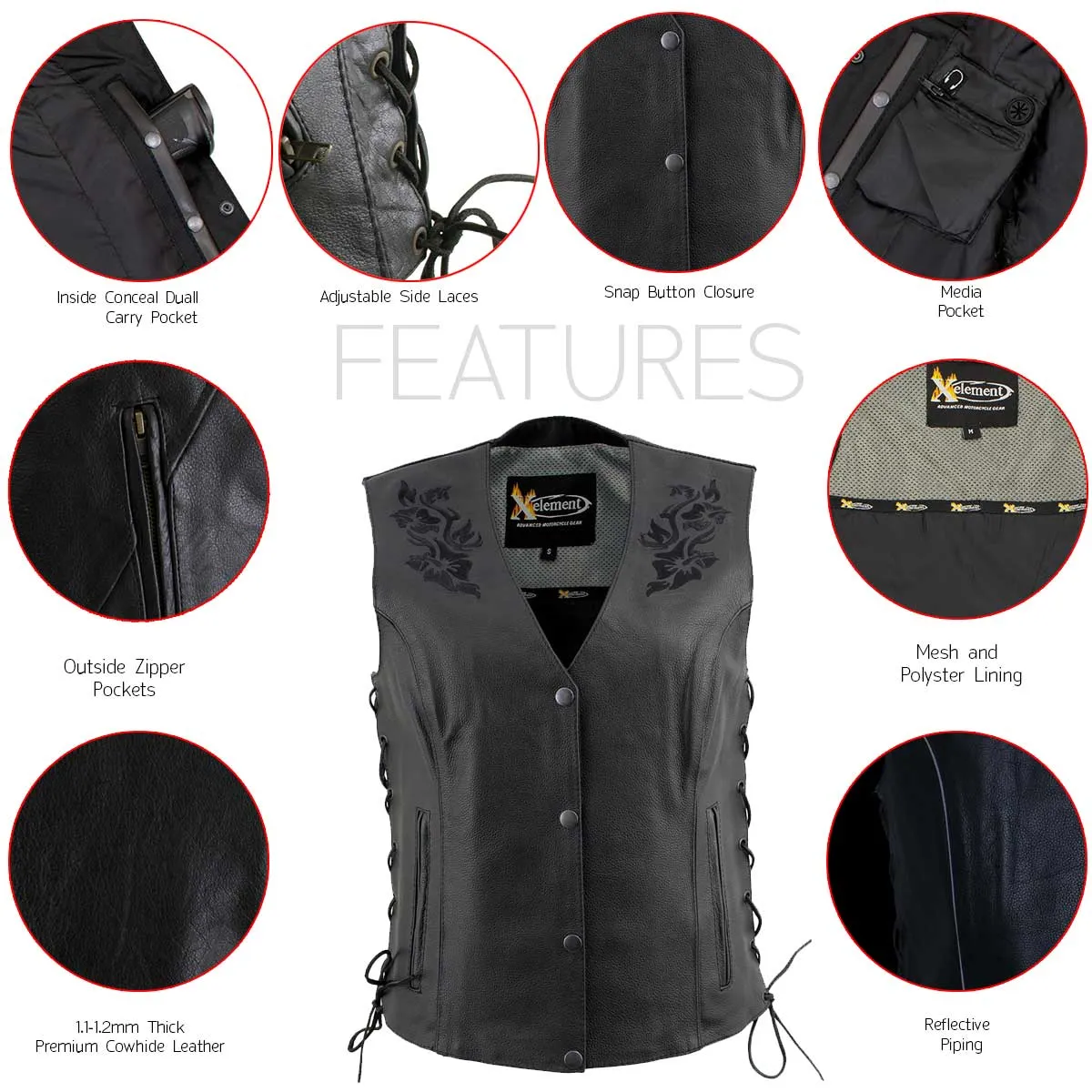 Xelement XS24004 Ladies ‘Gemma’ Black Leather Vest with Side Lace Adjustment