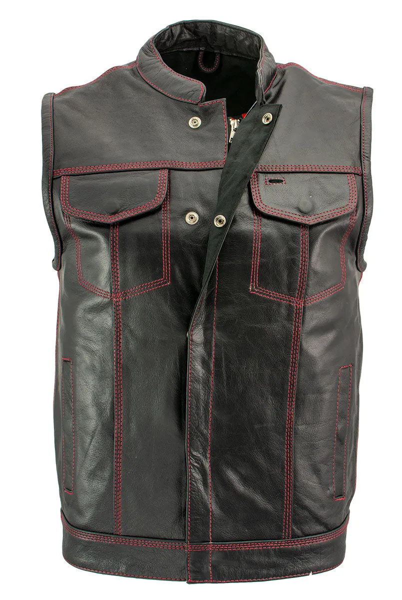 Xelement XS3449 Men's 'Paisley' Black Leather Motorcycle Vest with Red Stitching