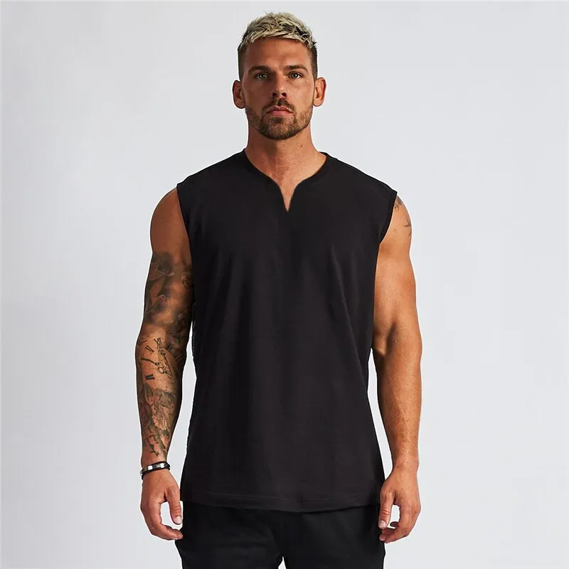 Xituodai Summer Plain Cotton Fitness Mens Gym Tank Top Curved Hem V neck Gym Stringer Vest Bodybuilding Clothing Muscle Sleevele