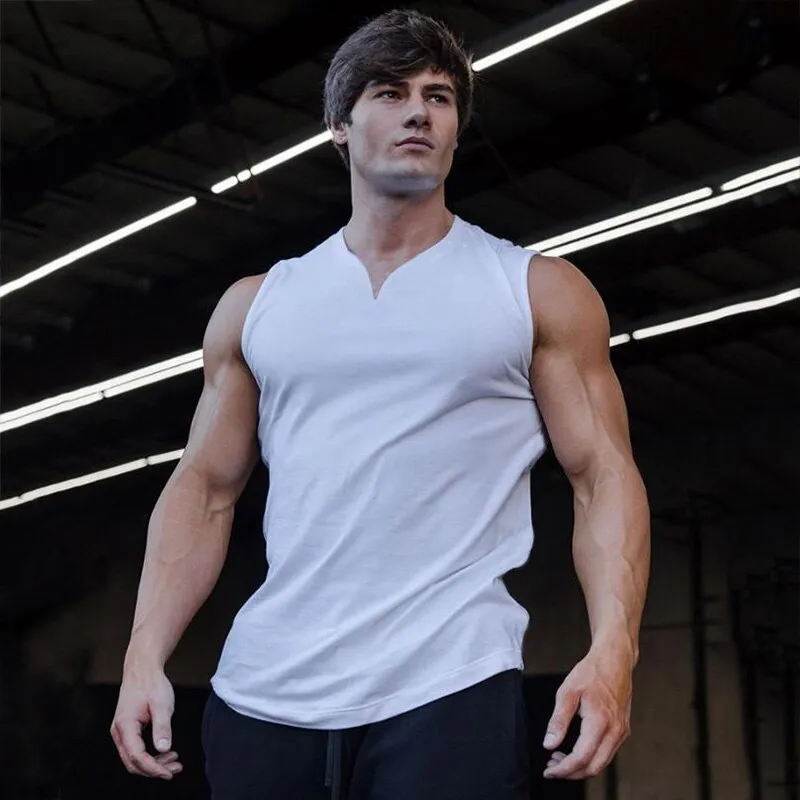 Xituodai Summer Plain Cotton Fitness Mens Gym Tank Top Curved Hem V neck Gym Stringer Vest Bodybuilding Clothing Muscle Sleevele