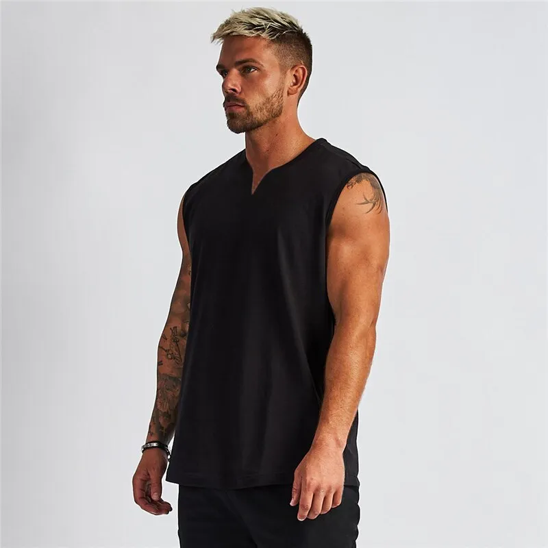 Xituodai Summer Plain Cotton Fitness Mens Gym Tank Top Curved Hem V neck Gym Stringer Vest Bodybuilding Clothing Muscle Sleevele