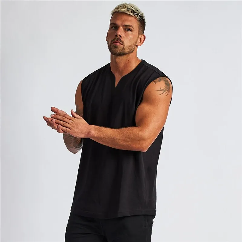 Xituodai Summer Plain Cotton Fitness Mens Gym Tank Top Curved Hem V neck Gym Stringer Vest Bodybuilding Clothing Muscle Sleevele