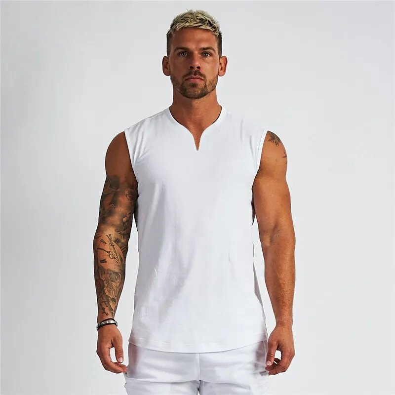 Xituodai Summer Plain Cotton Fitness Mens Gym Tank Top Curved Hem V neck Gym Stringer Vest Bodybuilding Clothing Muscle Sleevele