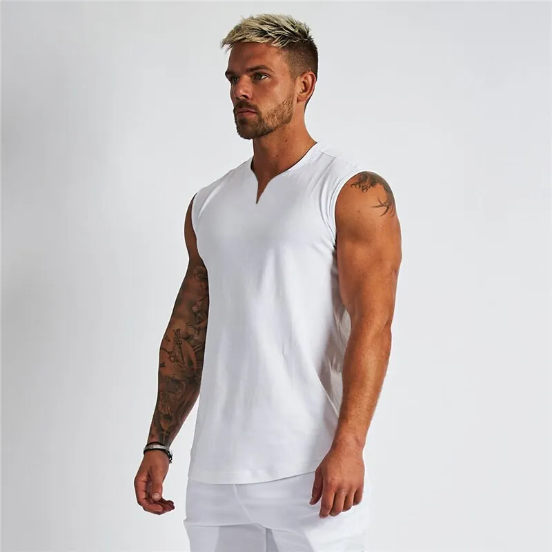 Xituodai Summer Plain Cotton Fitness Mens Gym Tank Top Curved Hem V neck Gym Stringer Vest Bodybuilding Clothing Muscle Sleevele