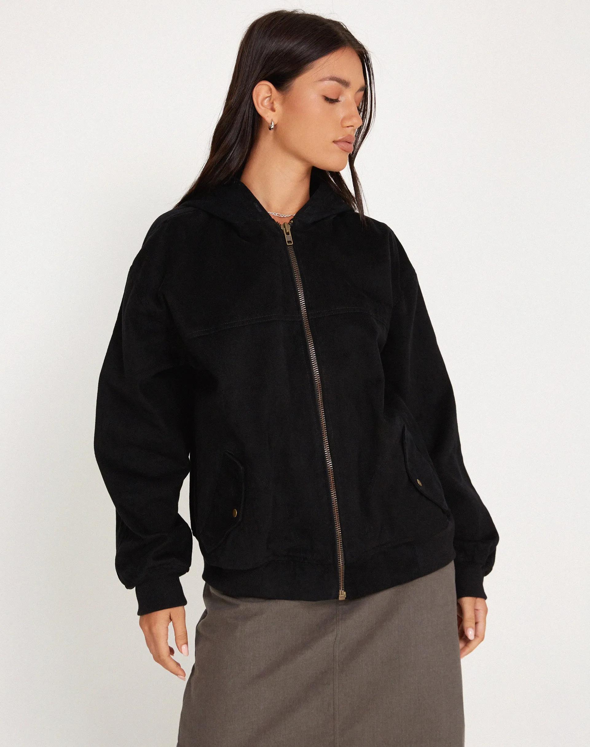 Yun Hooded Utility Bomber Jacket in Black